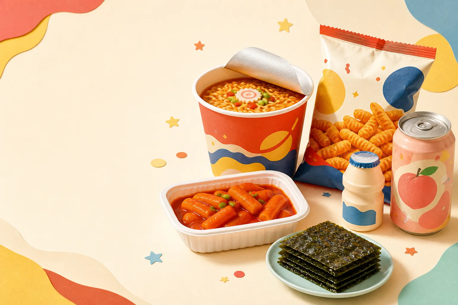 ラーメン、トッポッキ、お菓子、飲み物などの韓国食品イラスト